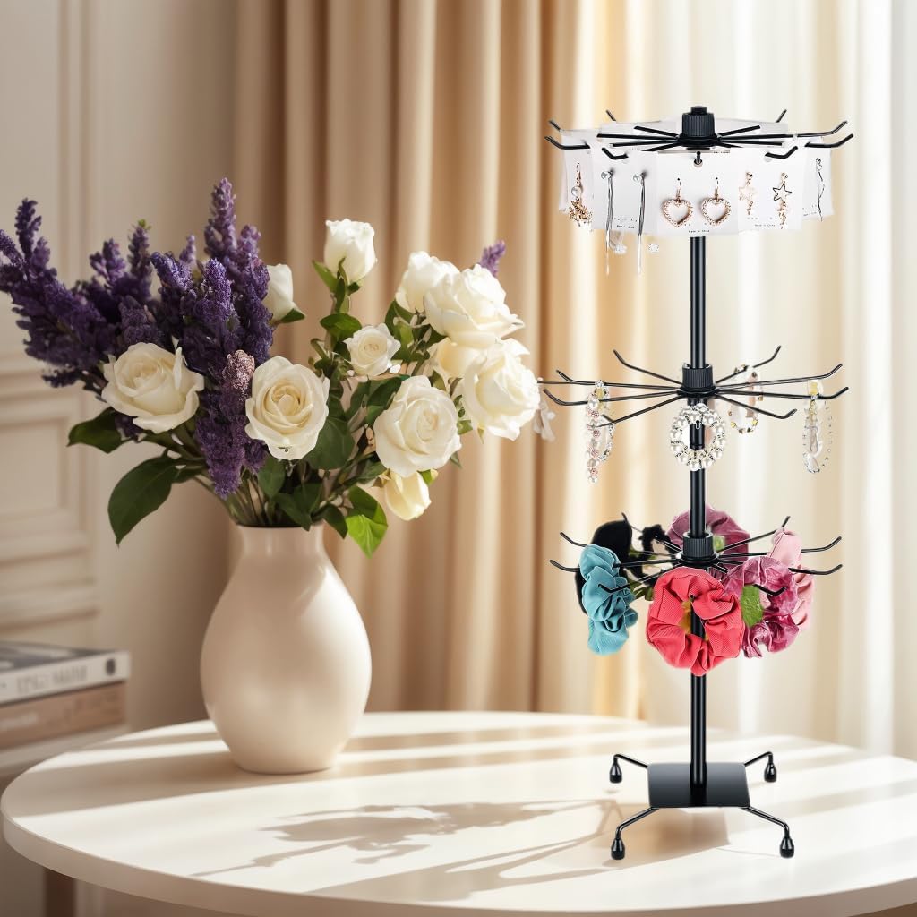 3 Tier Rotating Keychain Earring Display Stand - Black, 28.35 x 11.81 Inch - Ideal for Vendor Events, Ornament & Bracelet Display