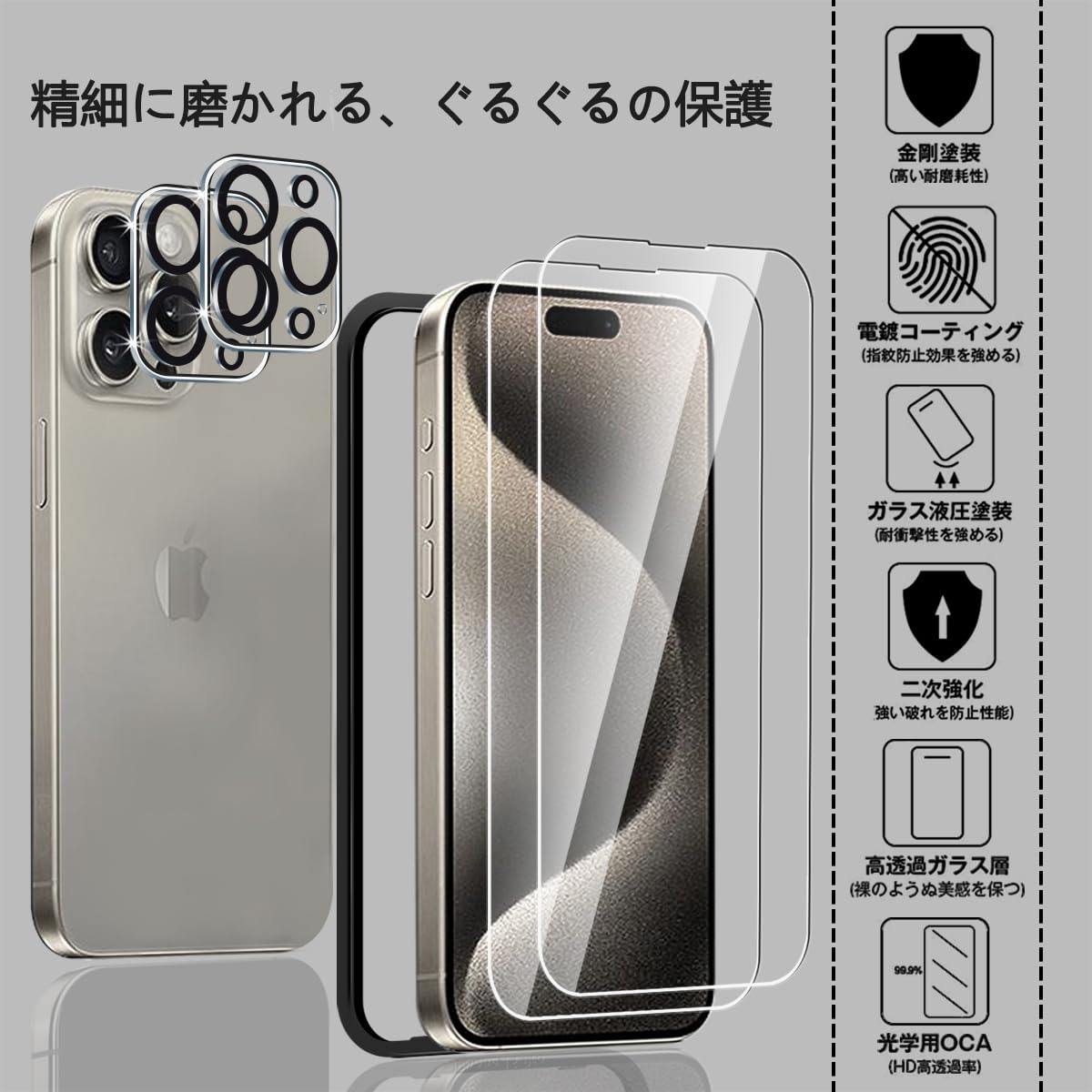Amazon | 【2+2枚】iPhone 15 Pro ガラスフィルム（2枚入り）＋ 