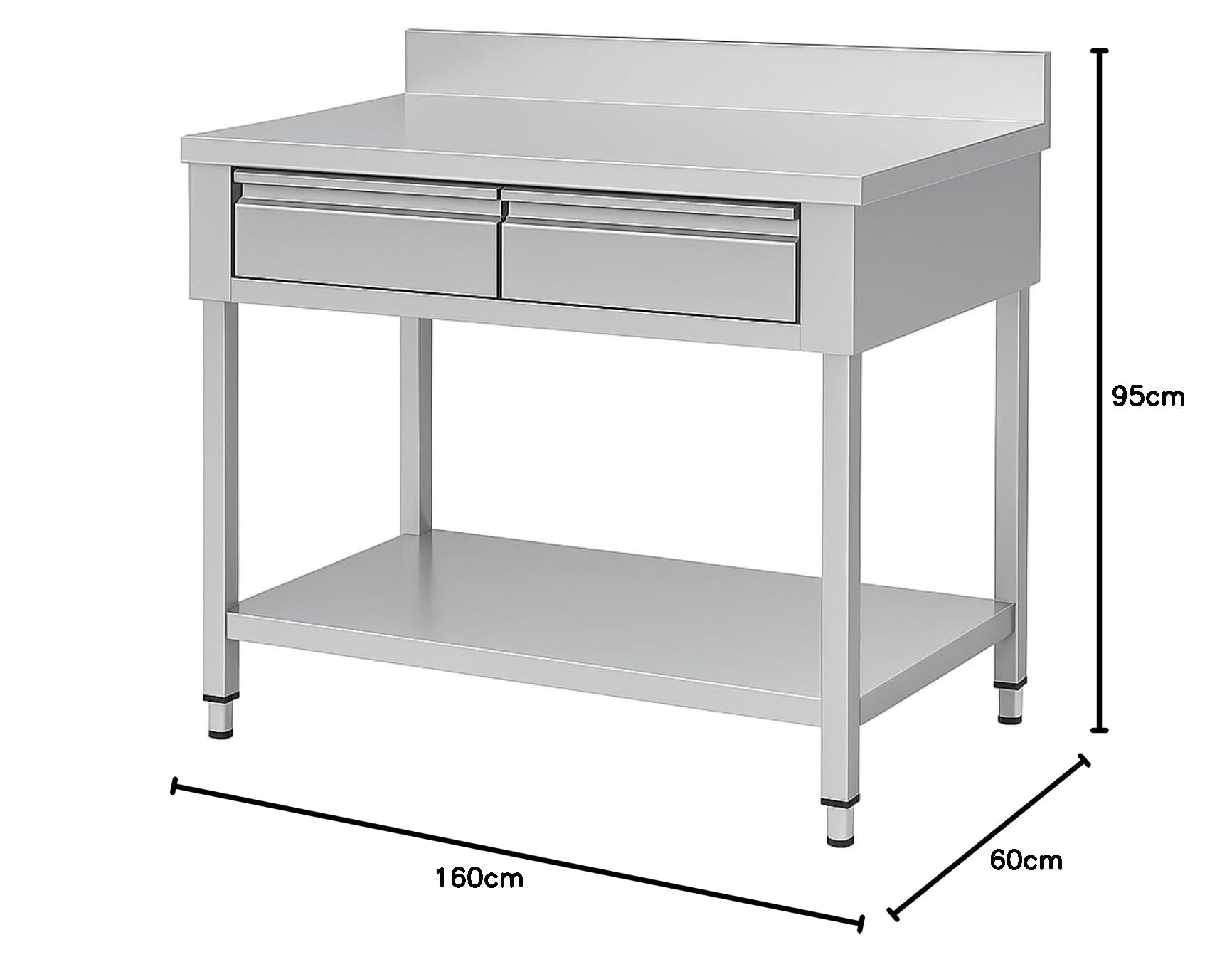 Ristoattrezzature - Tavolo in acciaio inox su gambe con 2 cassetti, piano di fondo e alzatina 160x60x95h cm - Per uso professionale