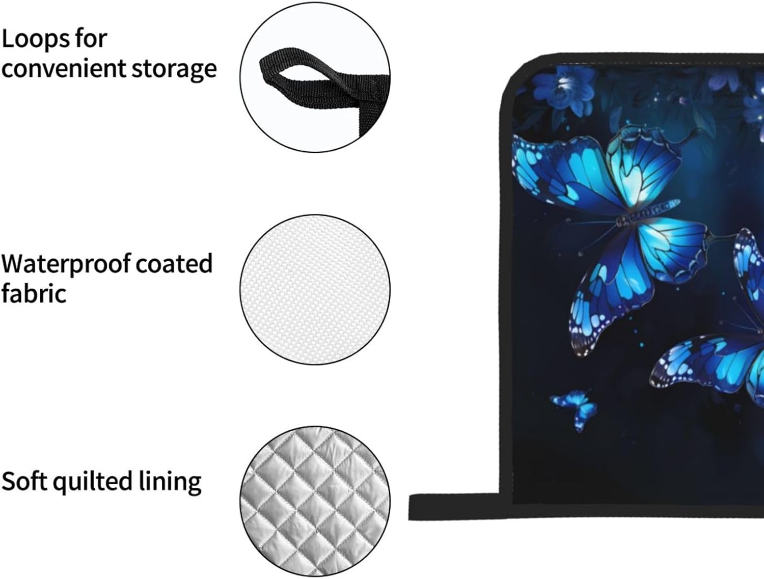 (Dark Blue Butterflies Print) Baking 4-Piece Set: 2 Oven Mitts and 2 Pot Holders Heat Resistant Waterproof Hanging Loop for Kitchen Oven Grill Housewarming Gifts