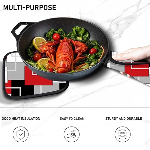 Miniatura 5 de MCALK Juego de 5 guantes de horno rojos y soportes para ollas, guantes de horno negros geométricos y almohadillas calientes para cocinar en la