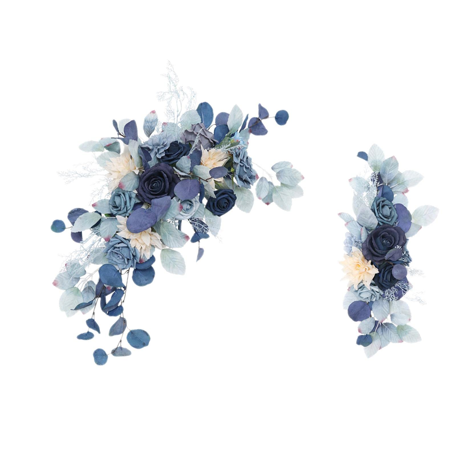 Arche florale de mariage bleu design flexible 2 pieces avec guirlande de feuilles denses
