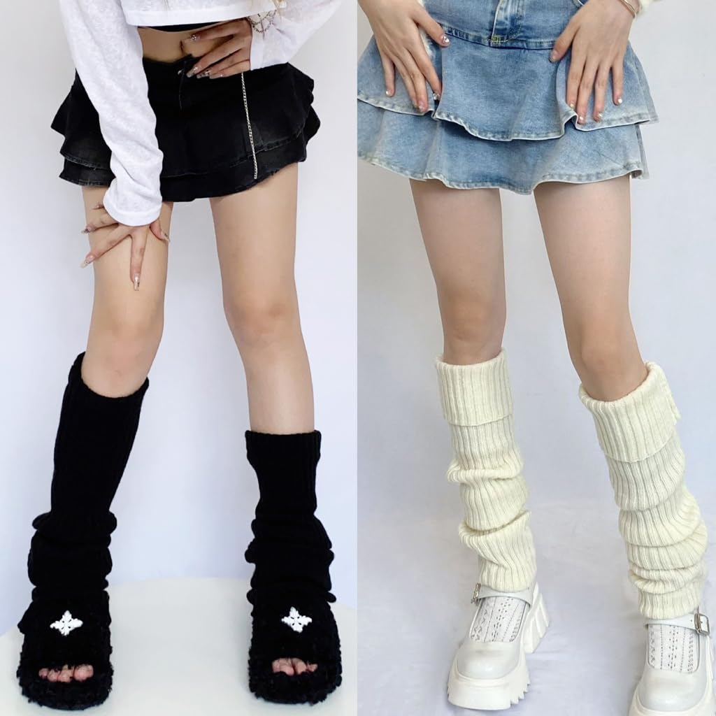 Women Winter Autumn Ribbed Knit Leg Warmers Solid Color Japanese Foot Thigh High Stockings