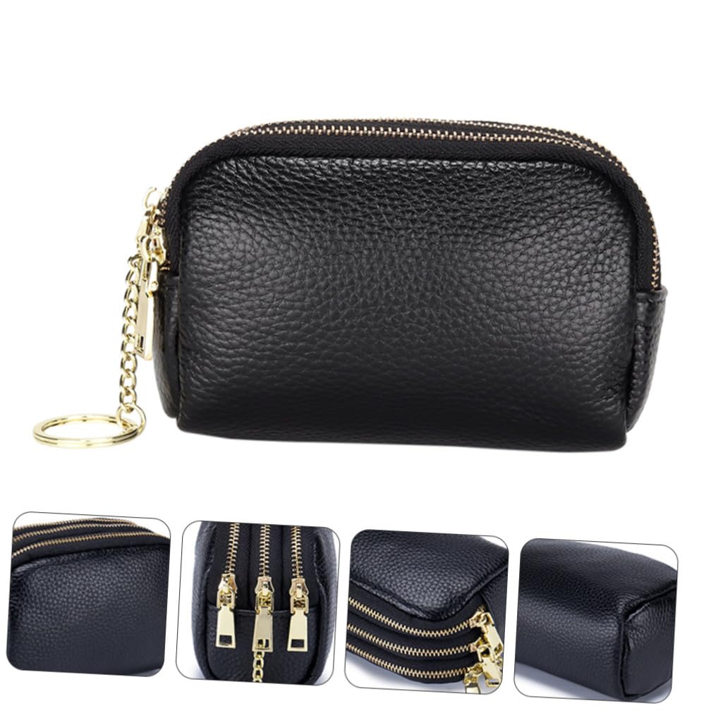 Coin Purse in Vera Pelle Bovina Nero, Mini Portamonete Cerniera, Grande Capacità, Portachiavi, Design a Strati per Donna