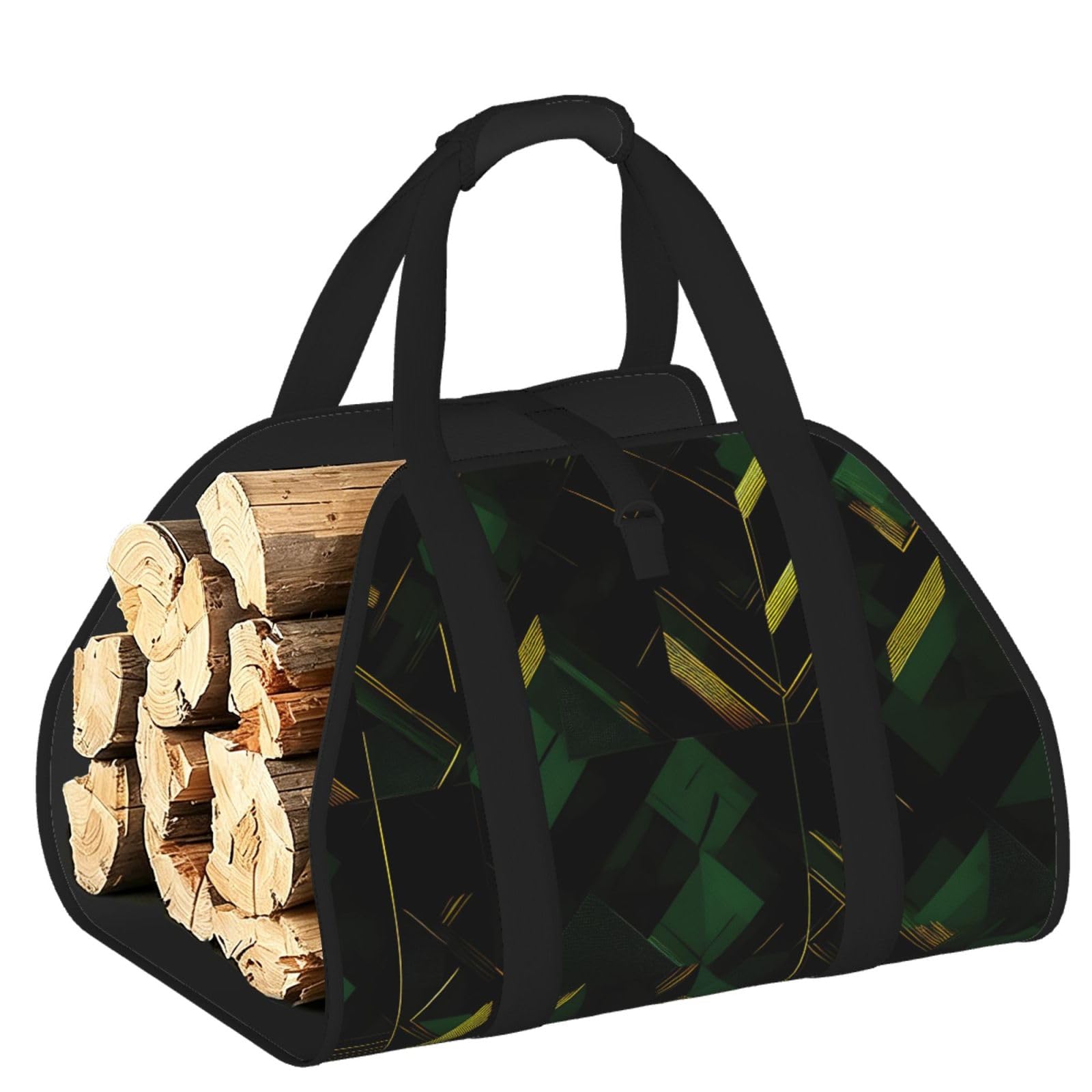 Ayyqwe Black Green And Gold Geometric Print Firewood Bag Wood Waterproof Versatile Camping Picnic Storage Daily Home