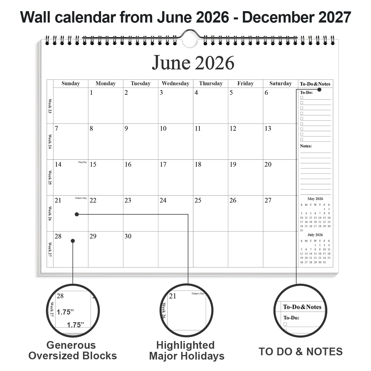 Kalender 2026-2027 - Wandkalender 2026-2027 von August 2026 - Dezember 2027, 18 Monate Kalender mit Premium-Papier, Doppeldrahtbindung & Aufhängehaken, 30,5 x 36,8 cm, Schwarz