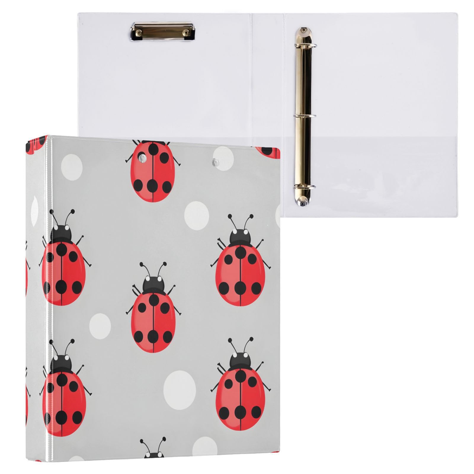 Confezione da 2 raccoglitori a 3 anelli, motivo coccinelle, 3,8 cm, con 3 tasche trasparenti, portablocco e contiene 200 fogli, per ufficio, scuola, organizzazione domestica