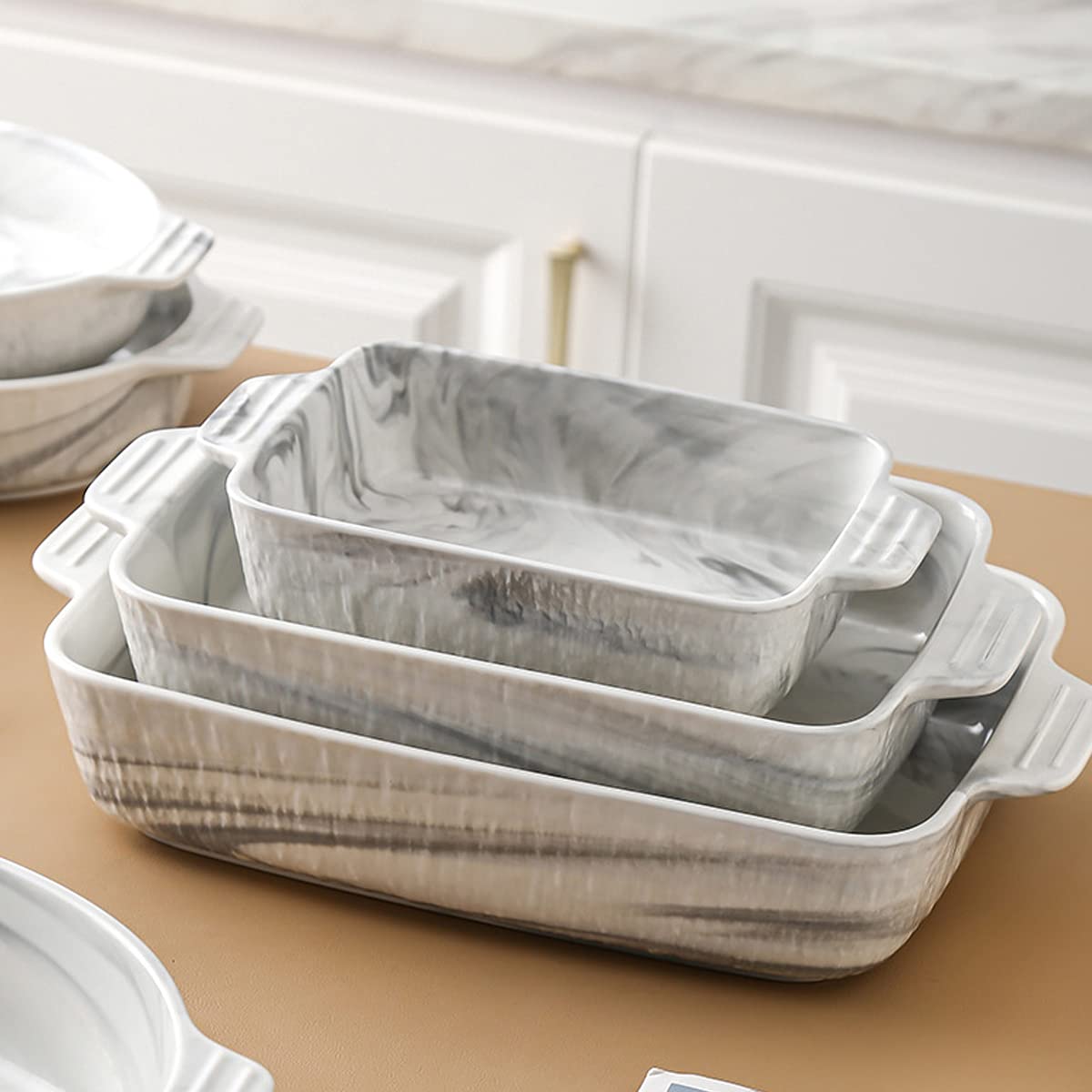 Naczynia do pieczenia w piekarniku, ceramiczne naczynie, porcelanowe naczynia, ceramiczna blacha, nieprzywierająca taca ciasta, foremki lasagne, marmurkowa faktura, zestaw 2 szt(12inch)