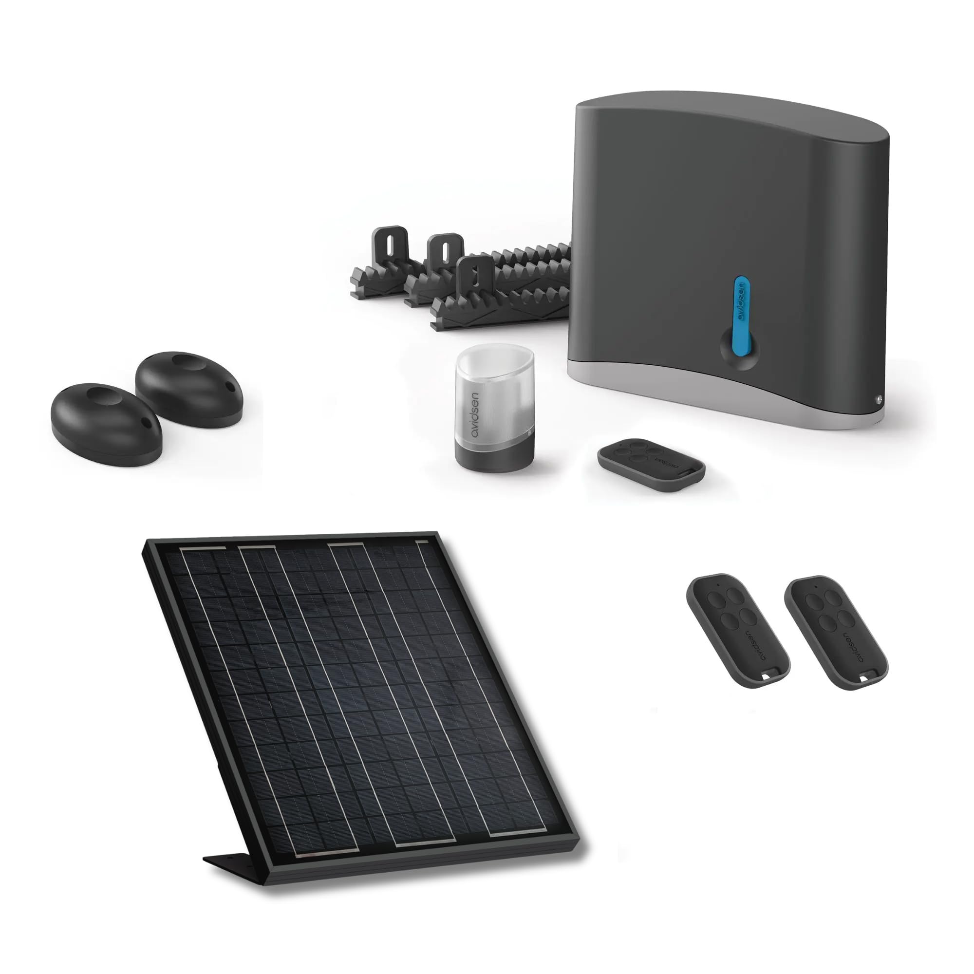 Avidsen Zenia SE, Motorisation Portail Coulissant Solaire, Kit Automatisme Complet, Jusqu'à 4m et 250kg, 3m de Crémaillères, 3 Télécommandes, Panneau Solaire 20W, Photocellules, Sécurité, Sans Fil