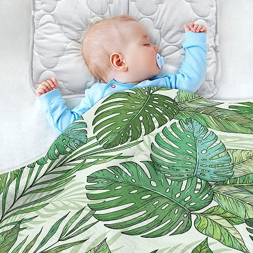 Image of Swaddle Blanket for Green Palm Tree Leaves Baby Receiving Blanket Muslin Baby Swaddles Soft Cotton Breathable Nursery Blankets for Unisex Boys and Girls 30x40 Inch