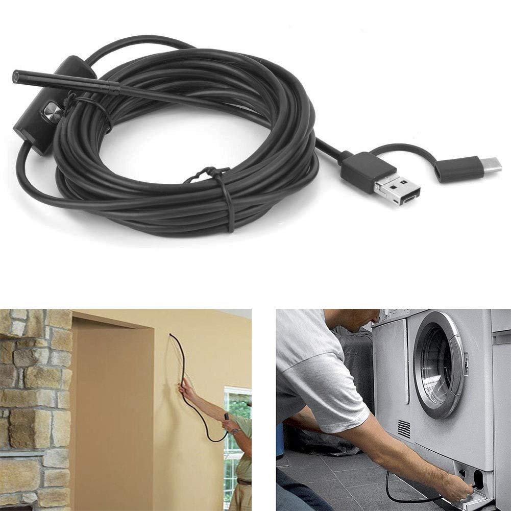 USB Endoscope, 5.5mm Lens, 5M Cable, 3 in 1 Borescope Inspection Camera IP67 Waterproof, for Android and