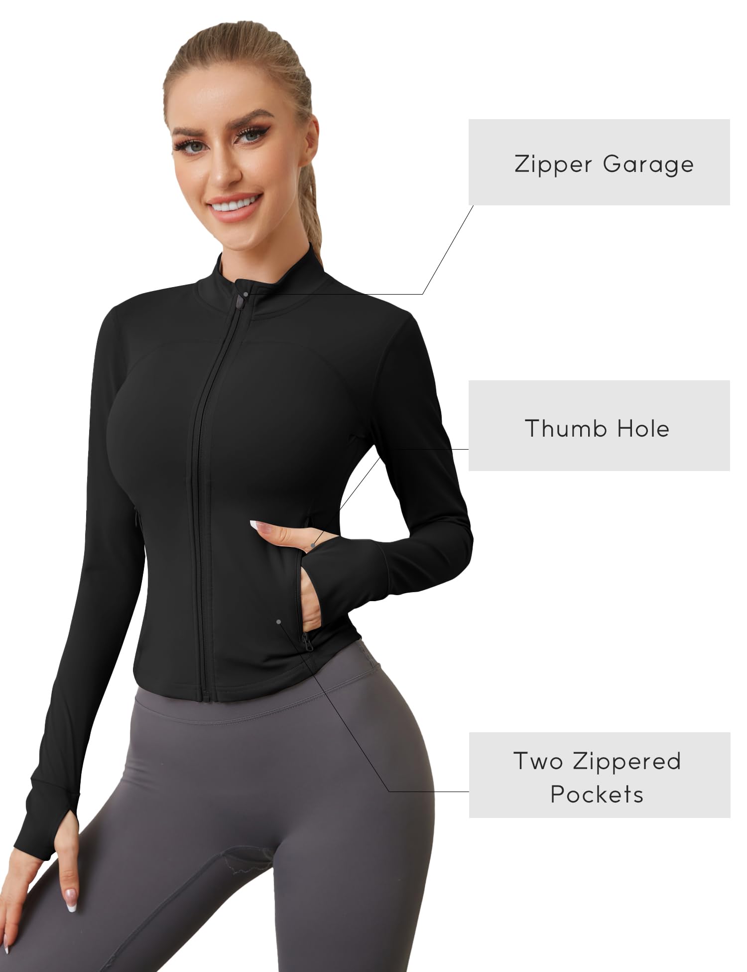 IECCP Maglietta sportiva da donna con zip e due tasche laterali, traspirante, per allenamento, yoga, fitness, con fori per il pollice