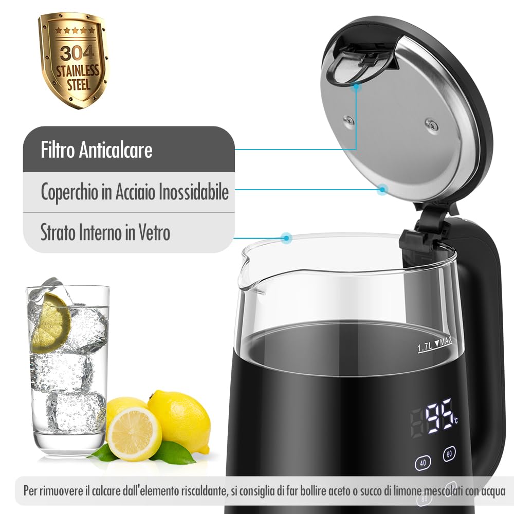 ForMe Bollitore Elettrico in Vetro 1,7 L Selezione della Temperatura Regolabile da 40-100 C LED Display Digitale della Temperatura I Funzione di Mantenimento Caldo Arresto Automatico Teiera Senza BPA