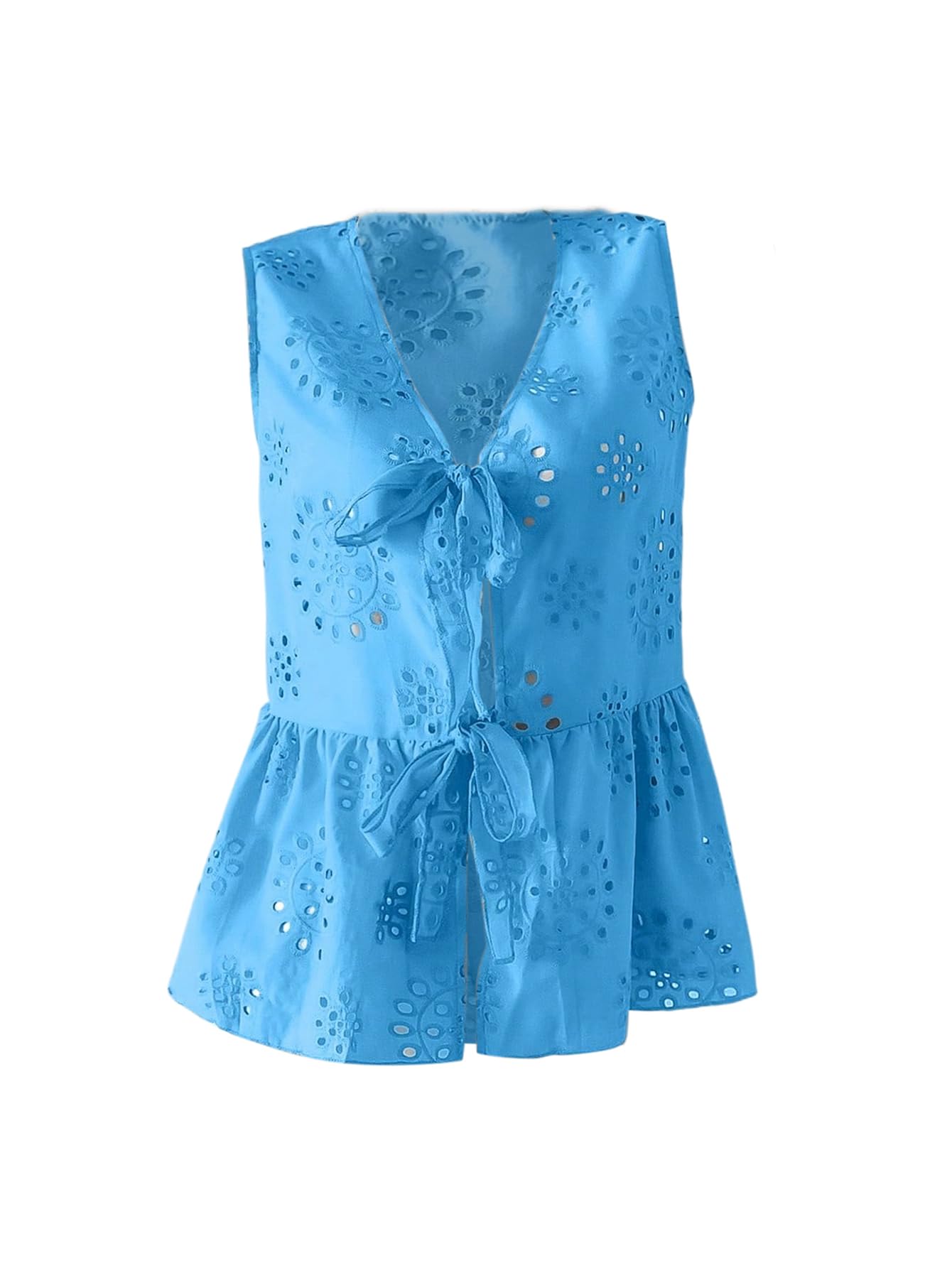 Women's Boho Top Bow Tie Front Blouse Eyelet Embroidery V Neck Shirt Ruffle Hem Sleeveless Summer Tops