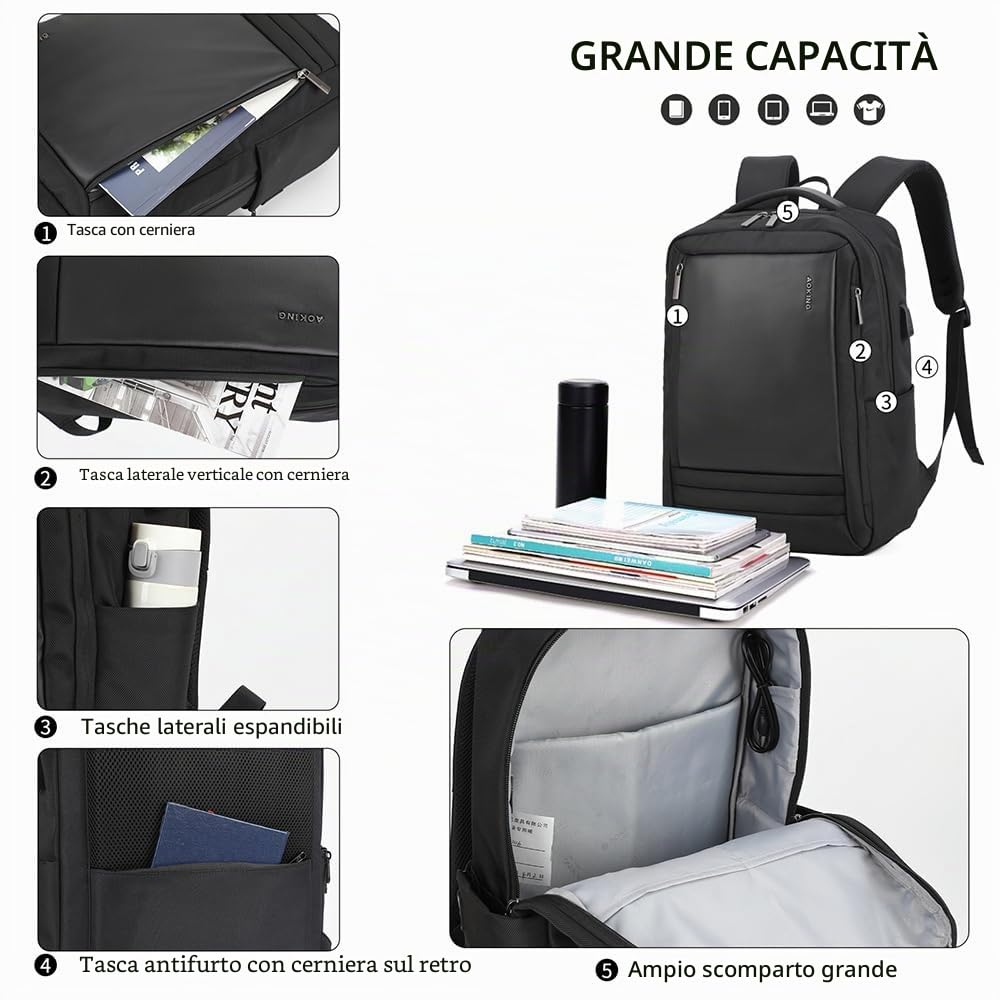 Aoking Zaino Unisex Resistente Textile Nero 30x15x42 per Uso Quotidiano e Versatile