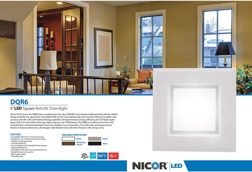 NICOR Lighting 6 inch White Square LED Recessed Downlight in 3000K (DQR6-10-120-3K-WH-BF)