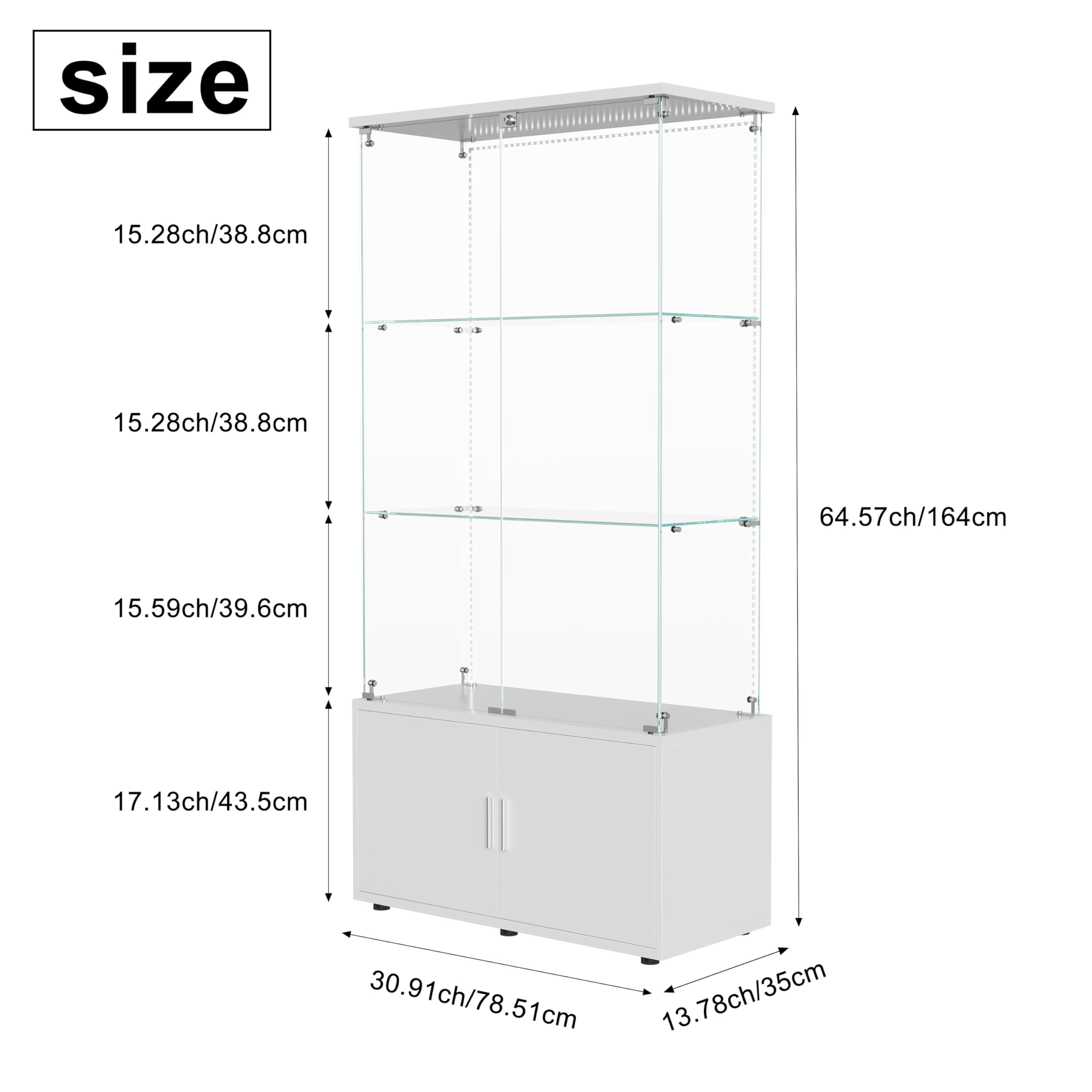 Vetrina in vetro con LED,Vetrina in vetro temperato,3 strati di vetro,a 2 porte e lucchetto,vetrine per figure armadio,per soggiorno,ufficio,oggetti da collezione (Bianco +LED 2, 3 piani +armadietti)