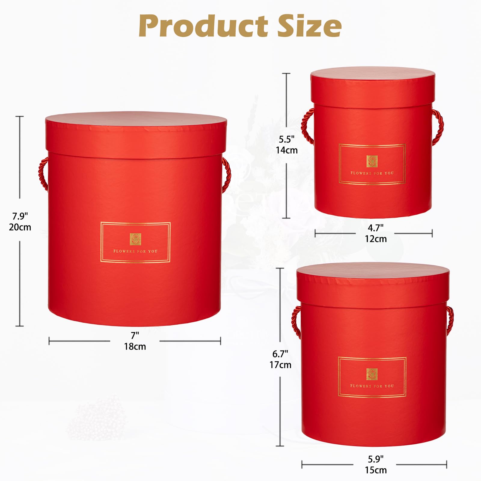 Oairse Set of 3 Round Gift Boxes with Lids and Handles Red Flower Boxes for Arrangements Decorative Hat Boxes for Gifts Weddings - Image 2