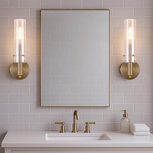 Miniatura 5 de Apliques de pared modernos con pantallas de vidrio ámbar a rayas, latón cepillado dorado, lámparas de tocador de baño, interruptor de