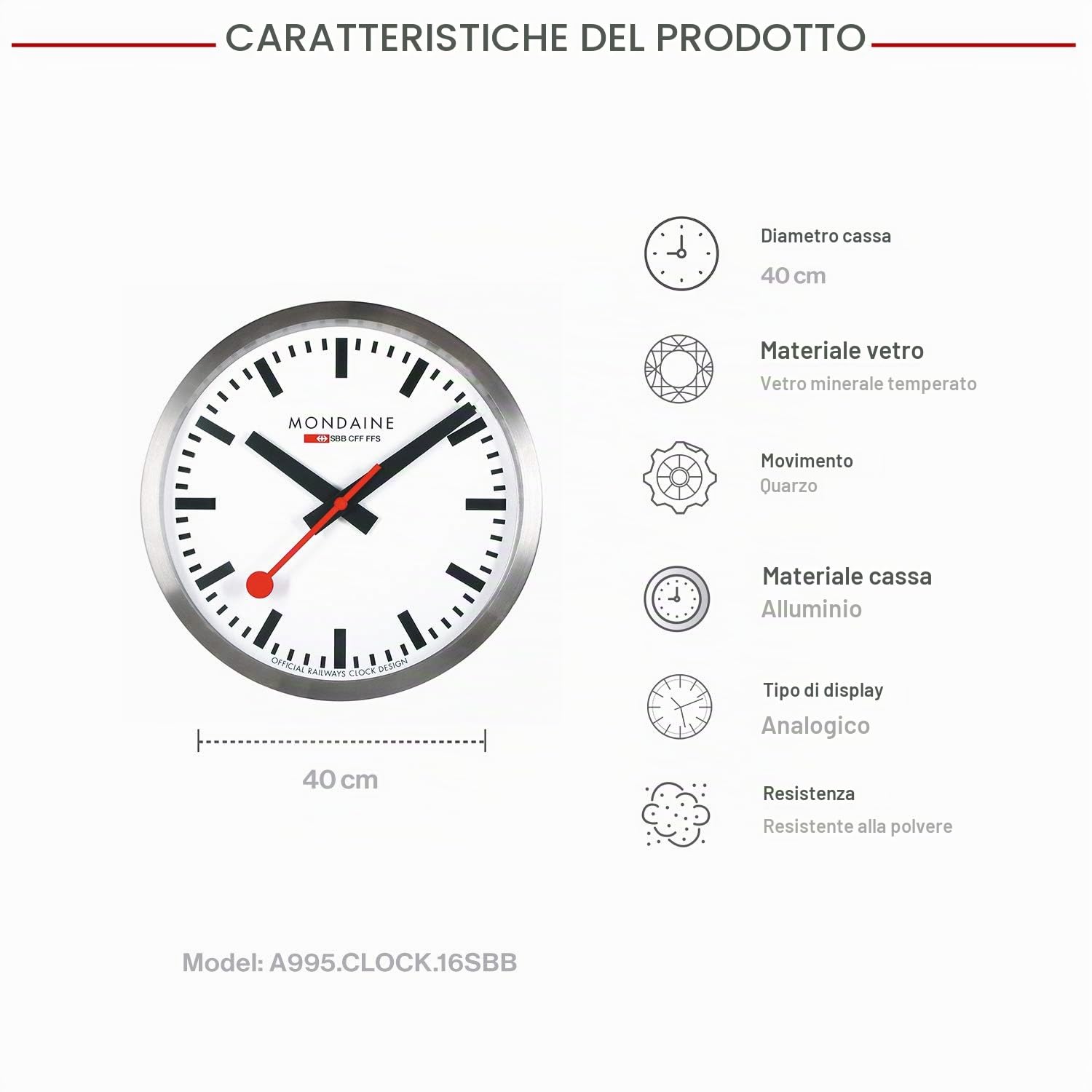 Mondaine Official Orologio a muro modello stazione - Diametro 40 Cm