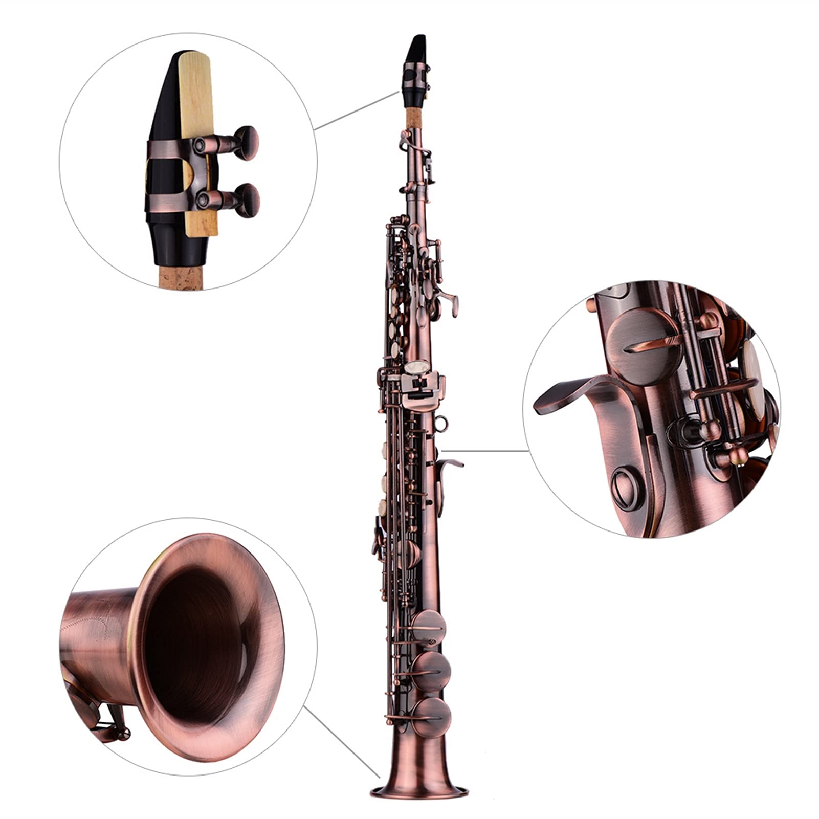 Sax Principianti Kit Professionale Bronzo Rosso Dritto Sassofono Saxophone in SIB Sax Strumento a fiato Modello Intagliato con Custodia Guanti Cinturini in Tessuto Pennello Strumento a fiato