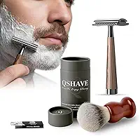 Kit Barbeador Profissional, Navalha de Segurança com Cabo Texturizado, Pincel de Barbear com Pelo Natural Texugo, 5 Lâminas Super Platinum