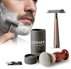 Kit Barbeador Profissional, Navalha de Segurança com Cabo Texturizado, Pincel de Barbear com Pelo Natural Texugo, 5 Lâminas Super Platinum