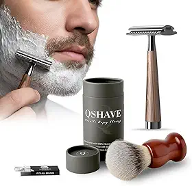 Kit Barbeador Profissional, Navalha de Segurança com Cabo Texturizado, Pincel de Barbear com Pelo Natural Texugo, 5 Lâminas Super Platinum