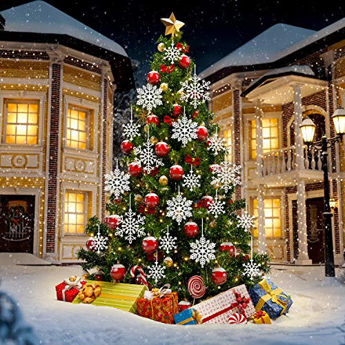 Whaline 40Pcs White Glitter Snowflake Winter Snowflake Ornaments Christmas Hanging Decorations With 197 Inches Silver Rope For Wedding Birthday Home Xmas Tree Window Door Accessories #TOP6