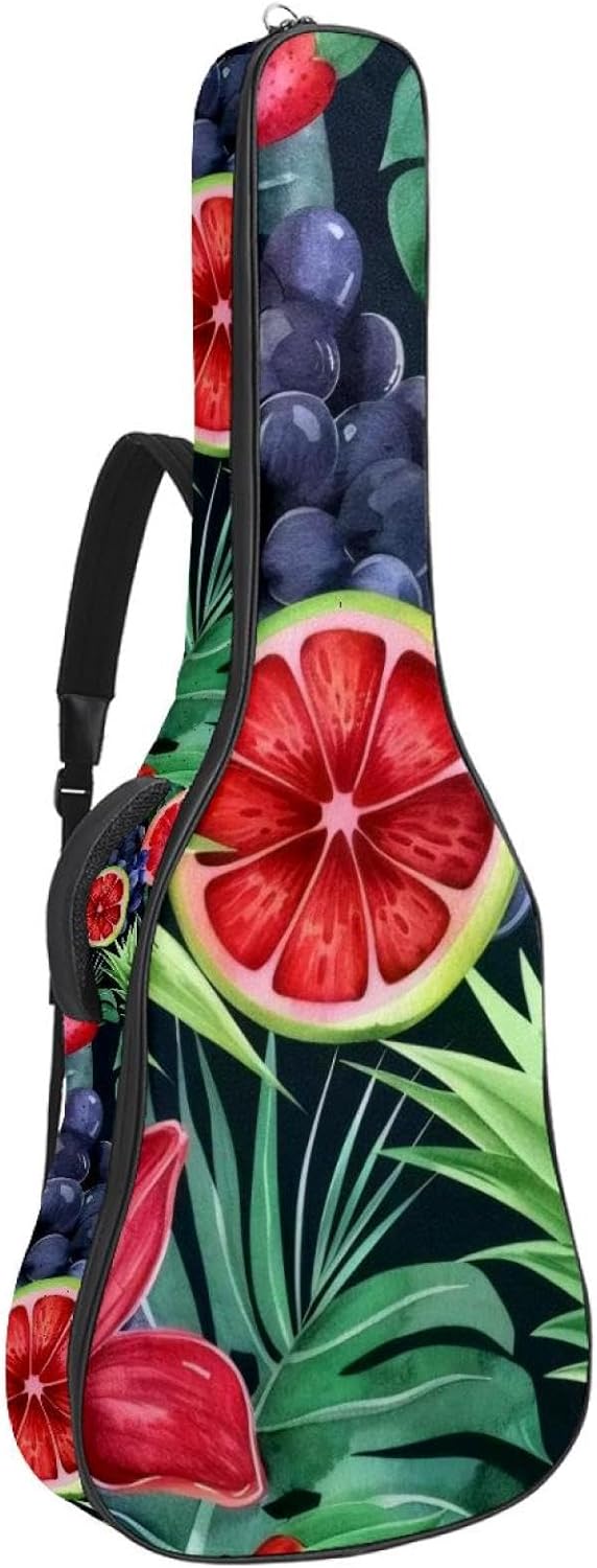 40 41 42 Inch Guitar Bags, Waterproof Padded Acoustic Guitar Case Backpack with Adjustable Shoulder Strap & Pockets, Tropical Fruits Hibiscus Flowers and Palm Leaves Pattern