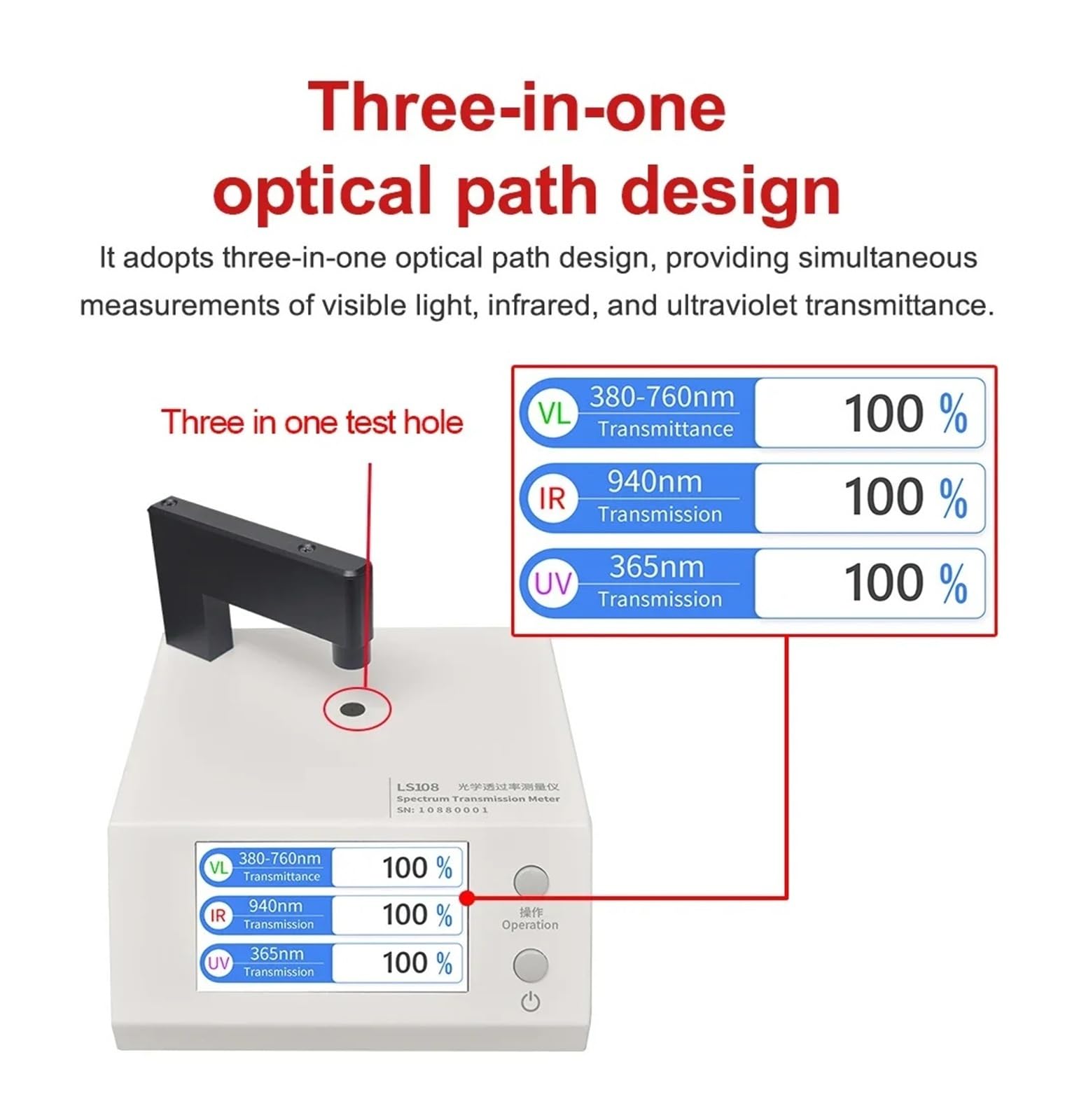 Misuratore di trasmissione dello spettro versione da banco LS108 380nm-760nm | Prova la memorizzazione dati mobile Eye Glass 395/430NM