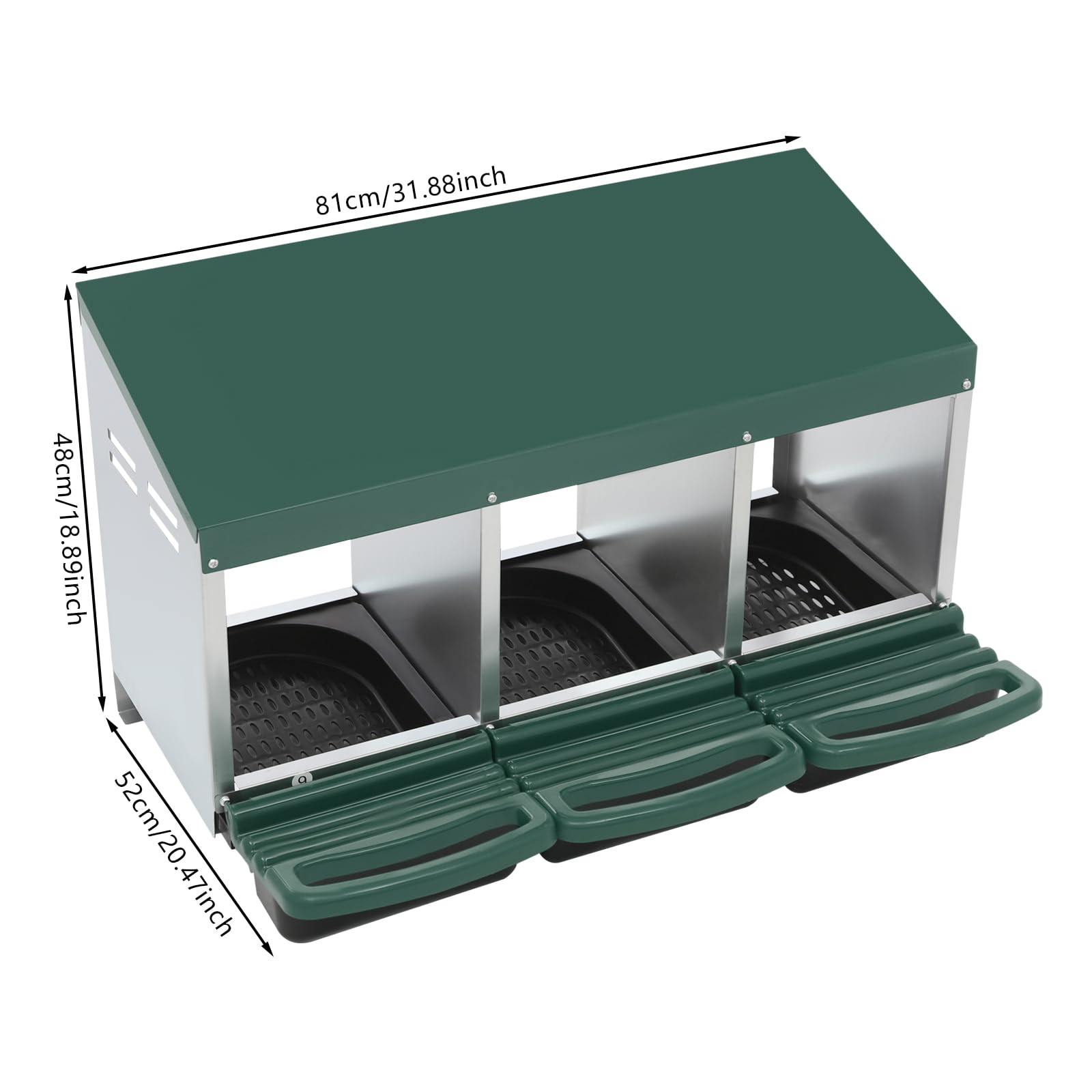 Nido per polli, 3 scomparti, con nido rotolabile per uova, zincato, con protezione per raccogliere le uova, montaggio a parete, 3 posti per stalla, con ventilazione (81 x 52 x 48 cm) (verde)