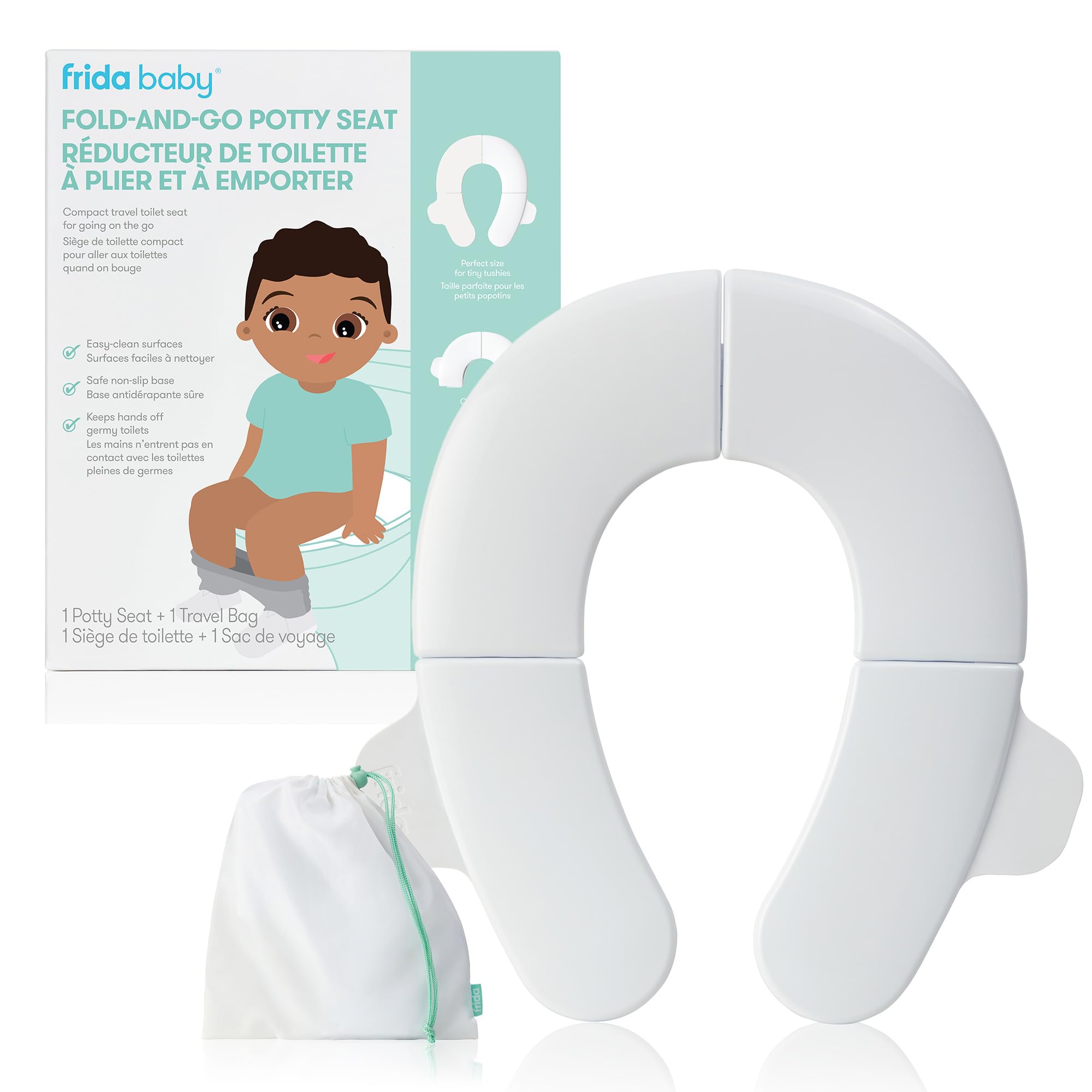 Frida Baby Fold-and-Go Potty Seat for Toilet  Foldable Travel Potty Seat for Toddler  Fits Round & Oval Toilets  Non-Slip Base  Handles  Includes Free Travel Bag