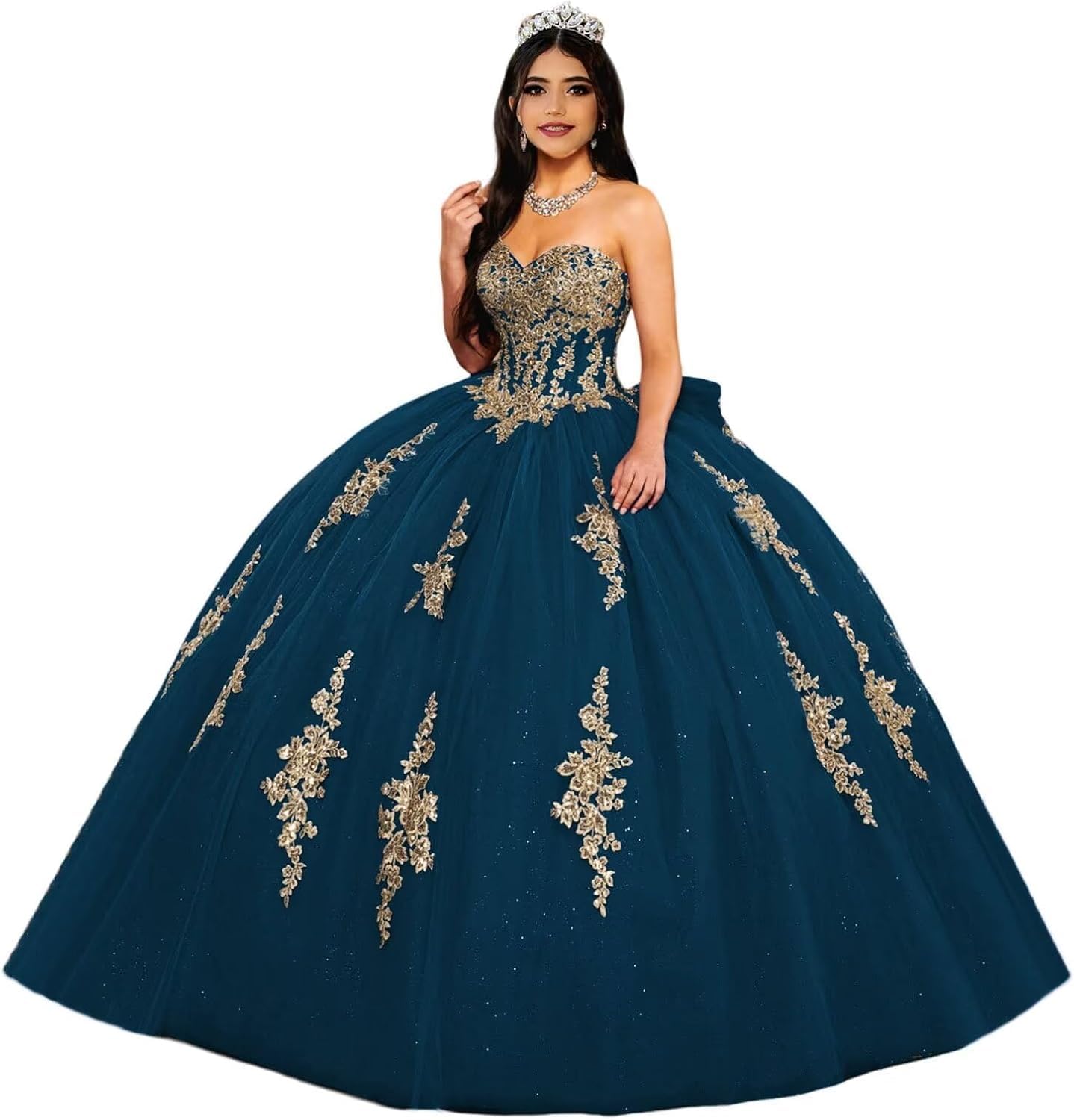 Fuomomo Women's Teal Gold Lace Appliques Sweetheart Quinceanera Dresses Puffy Ball Gowns Strapless Prom Dresses With Bow Mt035