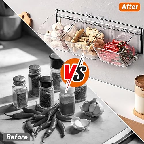 Miniatura 5 de Contenedor de almacenamiento montado en la pared, 3 rejillas de almacenamiento, plástico transparente, autoadhesivo, almacenamiento de cebolla y