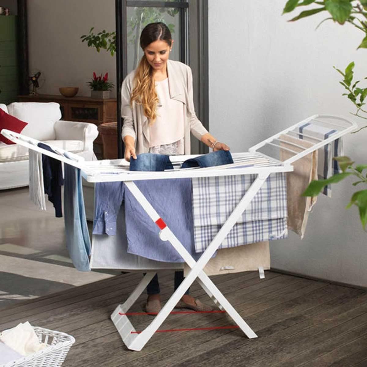 Dekohome Tendedero Plegable con Alas, 20 Metros de Superficie de Tendido, Hecho de Resina Resistente al Sol y a la Intemperie, 180 x 108 x 55 cm, Blanco