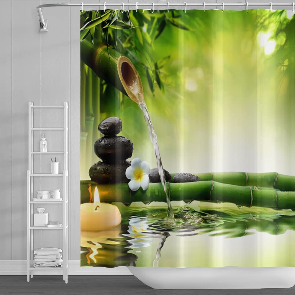Rideau de douche bambou vert de style zen et motif pierres de basalte 180x213