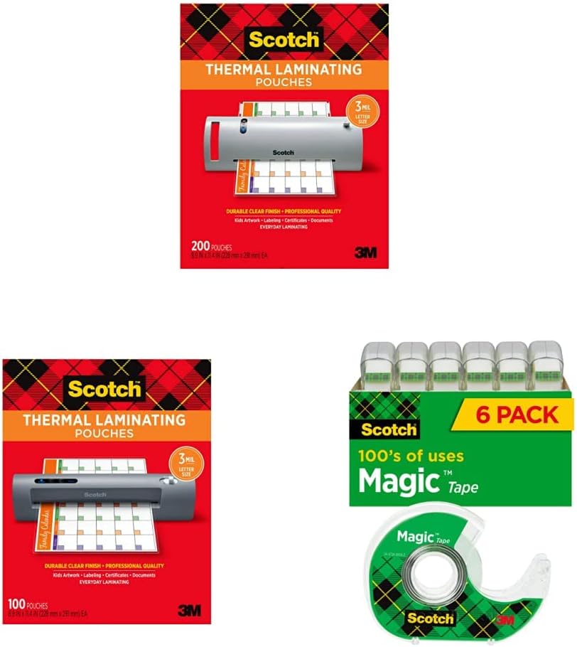 Scotch Thermal Laminating Pouches, 200- Count-Pack of 1, 8.9 x 11.4 Inches, Letter Size Sheets, Clear, 3-Mil (TP3854-200) & Scotch Thermal Laminating Pouches & Scotch Magic Tape, 6 Rolls