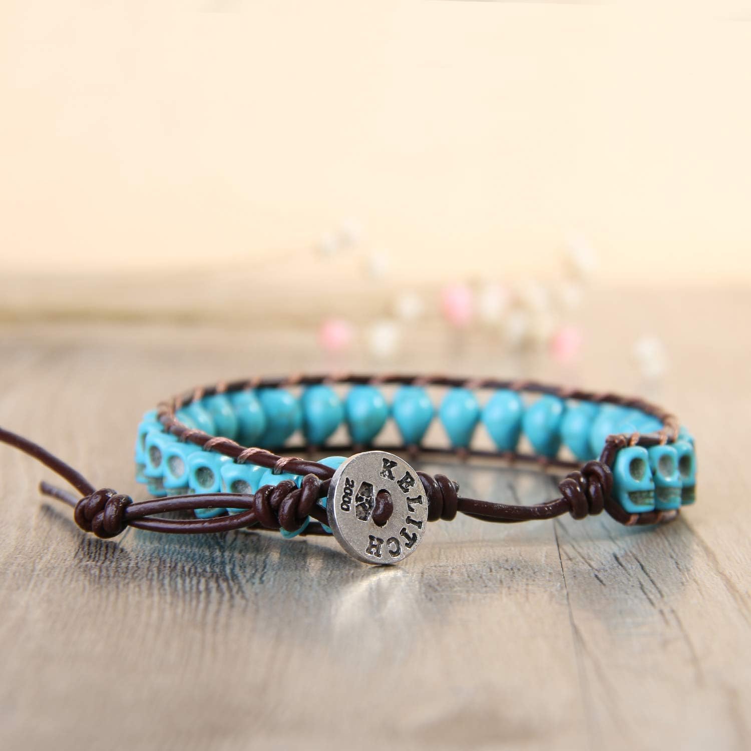 KELITCH New Skull Turquoise Beaded Wrap Bracelet on Brown Leather Handmade Bracelets New Jewelry - Image 6