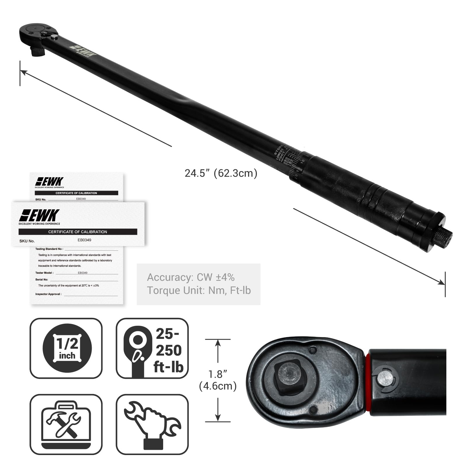 EWK 1/2-inch Drive Heavy-Duty Click Torque Wrench 25-250 ft-lbs (33.9-338.9 Nm) for Cars, Trucks, Large Bolts, High Torque Application