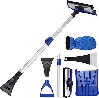 Ice Scraper and Snow Brush, 7 in 1 Detachable Snow Brush for Car Windshield, 23.5" to 40" Extendable Snow Shovel with Squeegee, gloves, 360°Pivoting Snow Scraper for Car Auto SUV Truck (Blue)