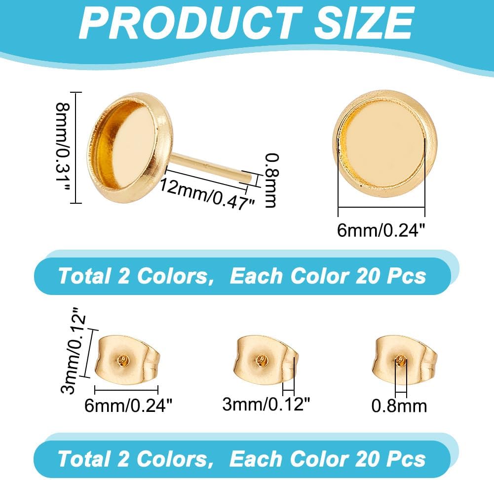 UNICRAFTALE 6mm About 40pcs Round Bezel Earring Blanks with Ear Nuts 0.8mm Pin Golden and Stainless Steel Color Earring Bezel Stainless Steel Stud Earring for Earring Jewelry Making image 3