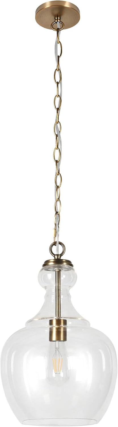 Henn&Hart 11" Wide Pendant with Glass Shade in Brass/Clear, Pendant, Flush Mount Ceiling Light Fixture for Kitchen, Living Room