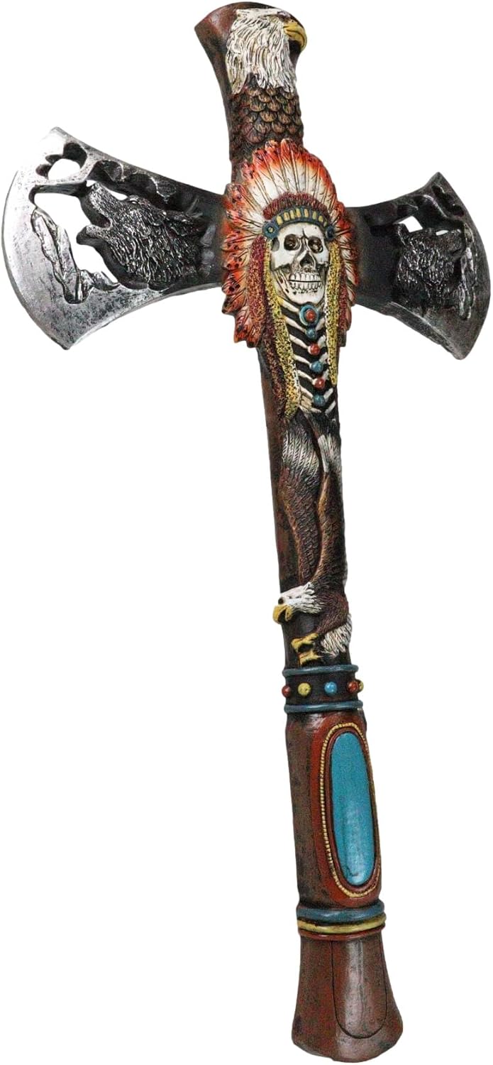 Ebros Gift Southwestern Tribal Native American Indian Hand Axe with Chief Headdress Skull Eagle Wolf Bear and Turquoise Gem Wall Cross Plaque