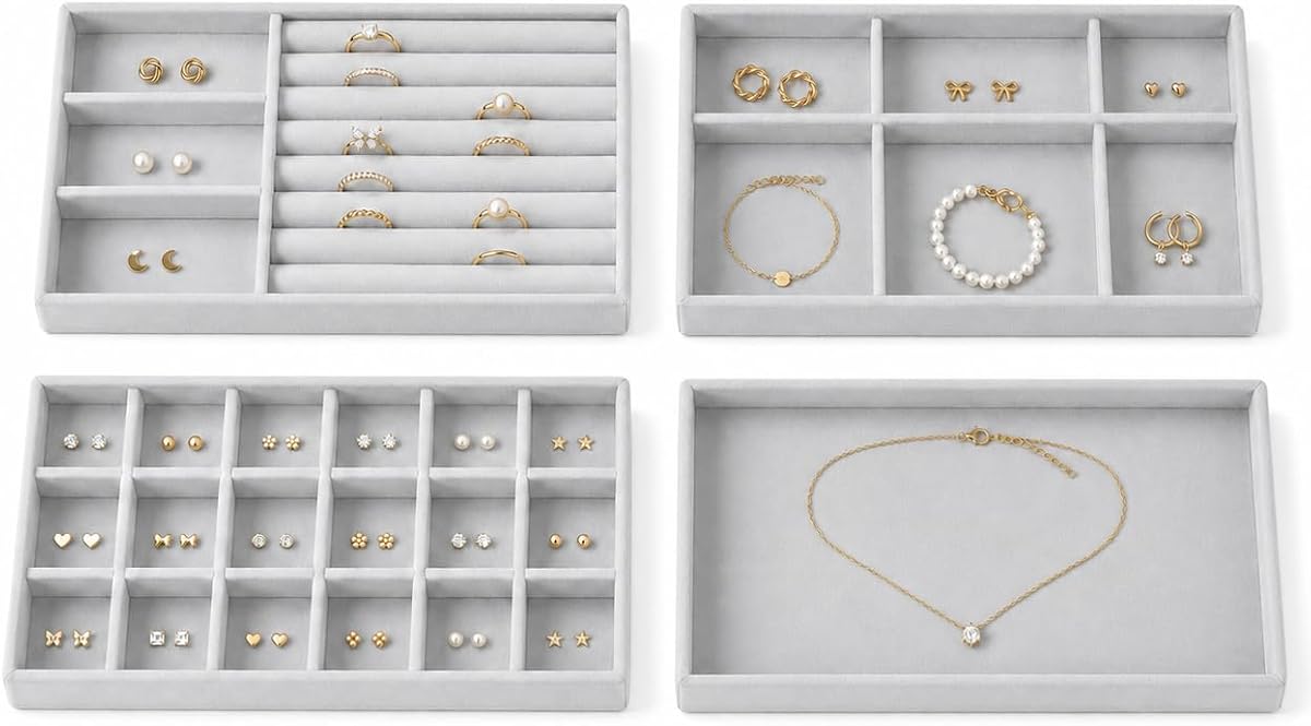 FILILLION Juego de 4 bandejas organizadoras de joyas apilables – Vitrina de terciopelo | para anillos, pendientes, collares, para organización de cajones, se pueden apilar