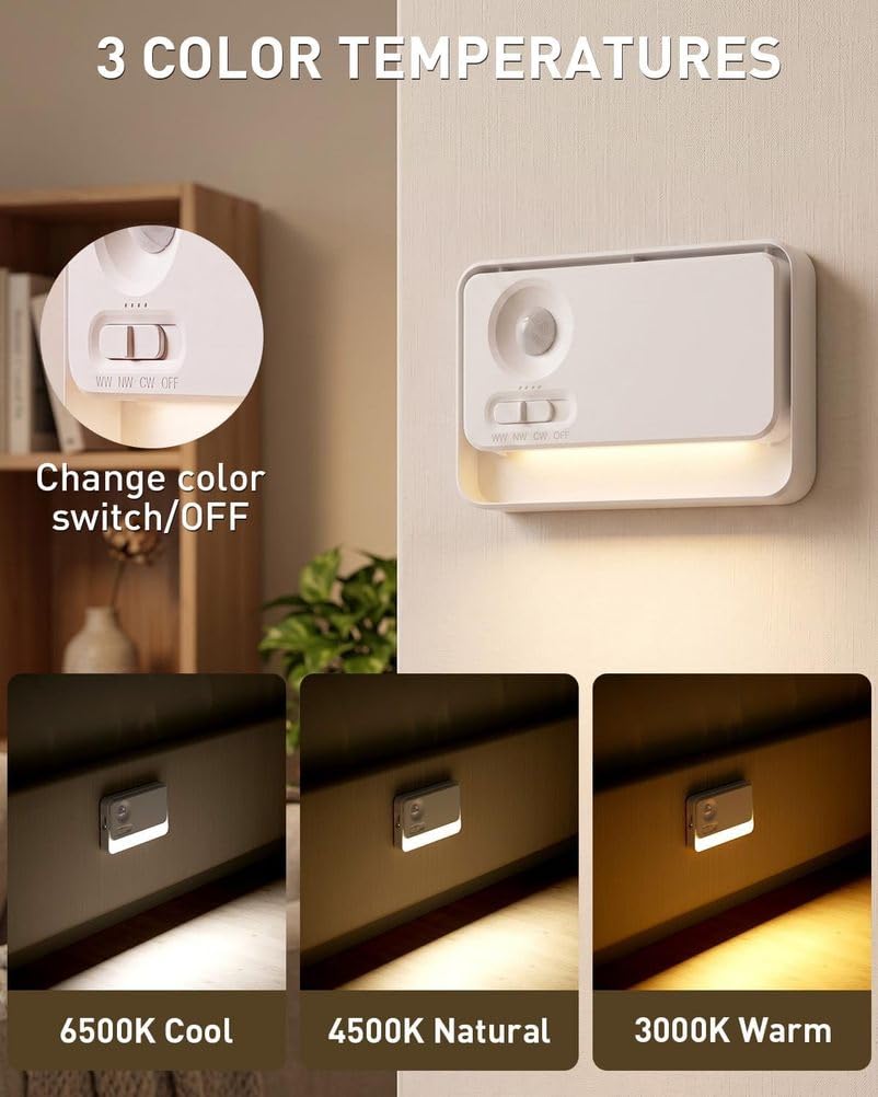 OOWOKS LED Nachtlicht mit Bewegungsmelder Innen Akku 3 Stück Treppenbeleuchtung mit Motion Sensor 3 Lichtfarbe Aufladbar Magnetische Bewegungsmelder Licht Ohne Steckdose für Flur Treppe Küche Bad