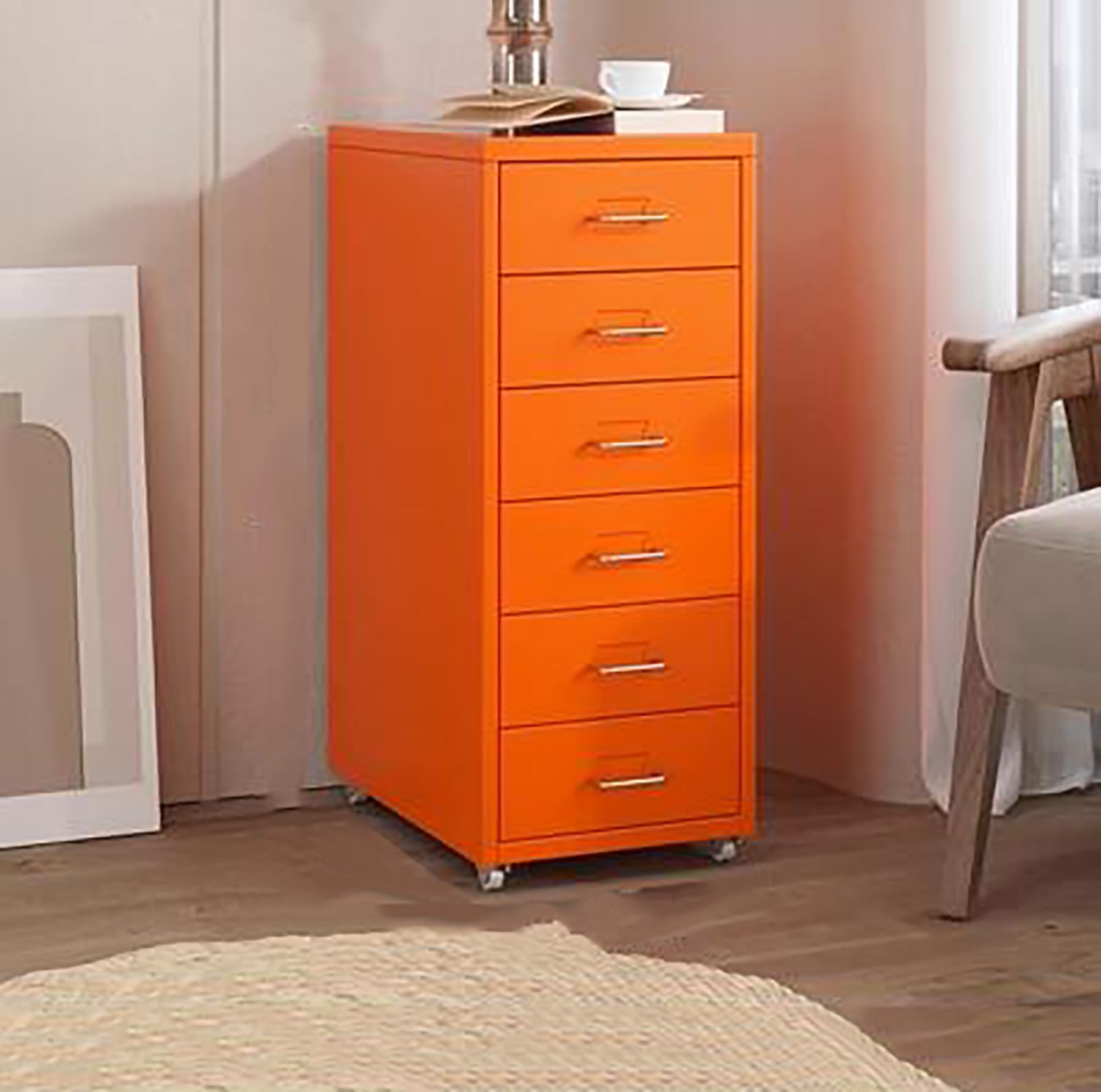 Aioneer Orange Mobile Metal Filing Cabinet On Wheels Rolling Storage Organizer With Drawers Vertical Rolling File Cabinet Printer Stand Lockable Casters Office Storage Solution-27.16 * 16 * 11Inch
