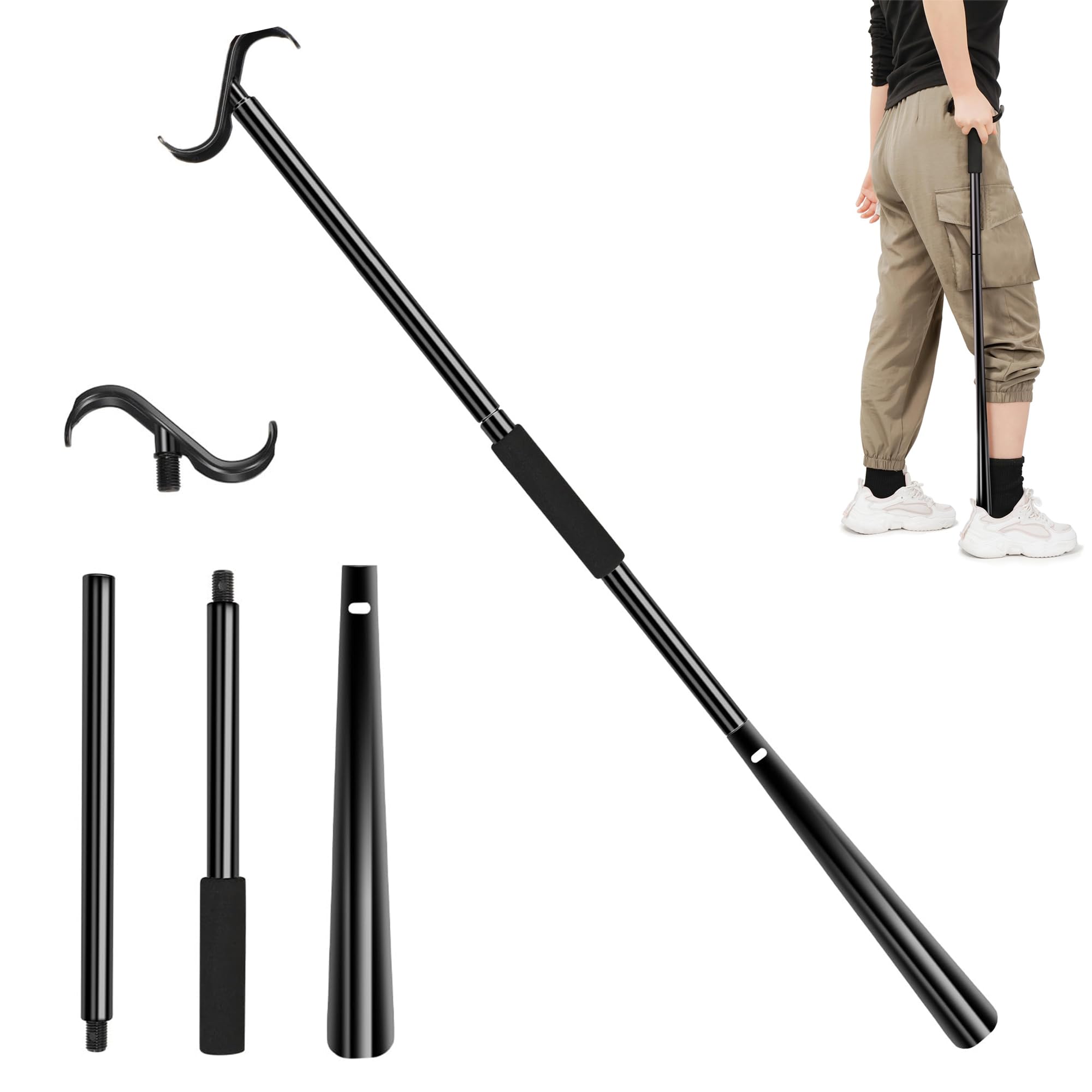 Łyżka do butów, bardzo długa, 90 cm, długa łyżka do butów, 3 w 1, pomoc w zakładaniu i usuwaniu skarpet, butów i ubrań w pozycji siedzącej lub stojącej, dla mężczyzn, kobiet, dzieci, seniorów