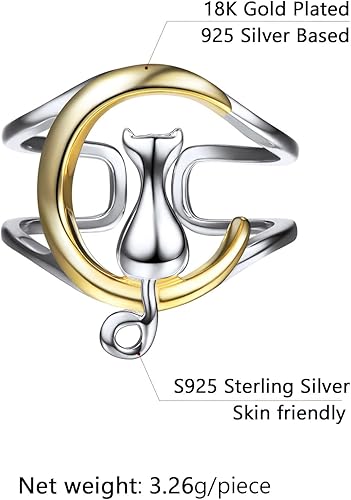 Miniatura 6 de SILVERCUTE Women Cat Ring 925 Sterling Silver 18K Gold Plated Cat on The Moon Cute Wrap Ring Adjustable