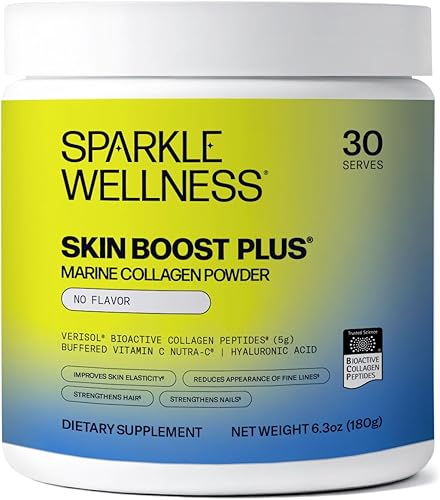 Sparkle Wellness Marine Skin Boost Plus (sin sabor) 30 porciones  Suplemento de colágeno en polvo con péptidos de colágeno hidrolizados bioactivos
